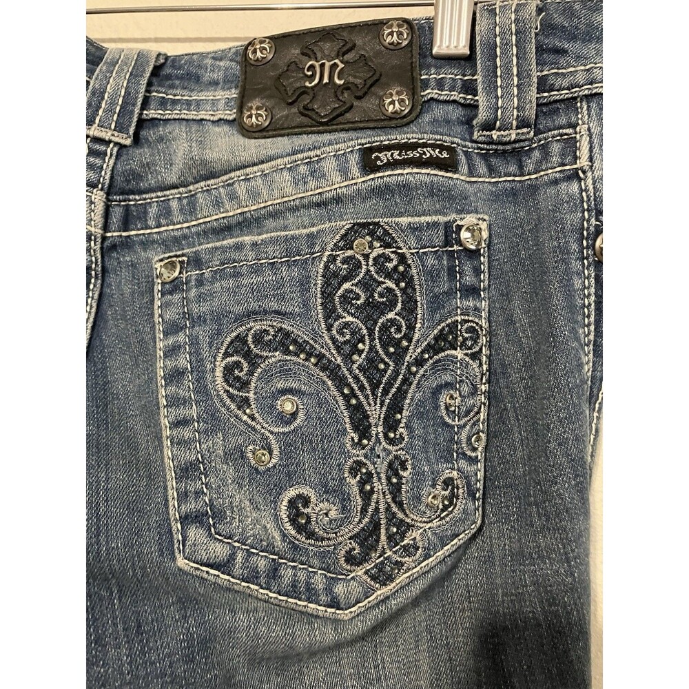 Miss Me Blue Jeans Size 28 Bootcut Fluer-de-lis Pockets Rhinestones Med Wash